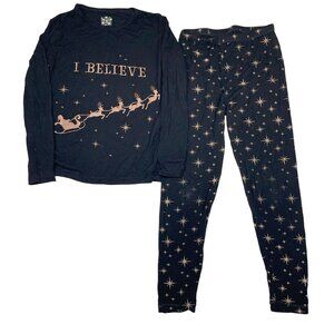 Kickee Pants I Believe Santa Holiday Black Bamboo Gold Stars Pajama Set Kids 8
